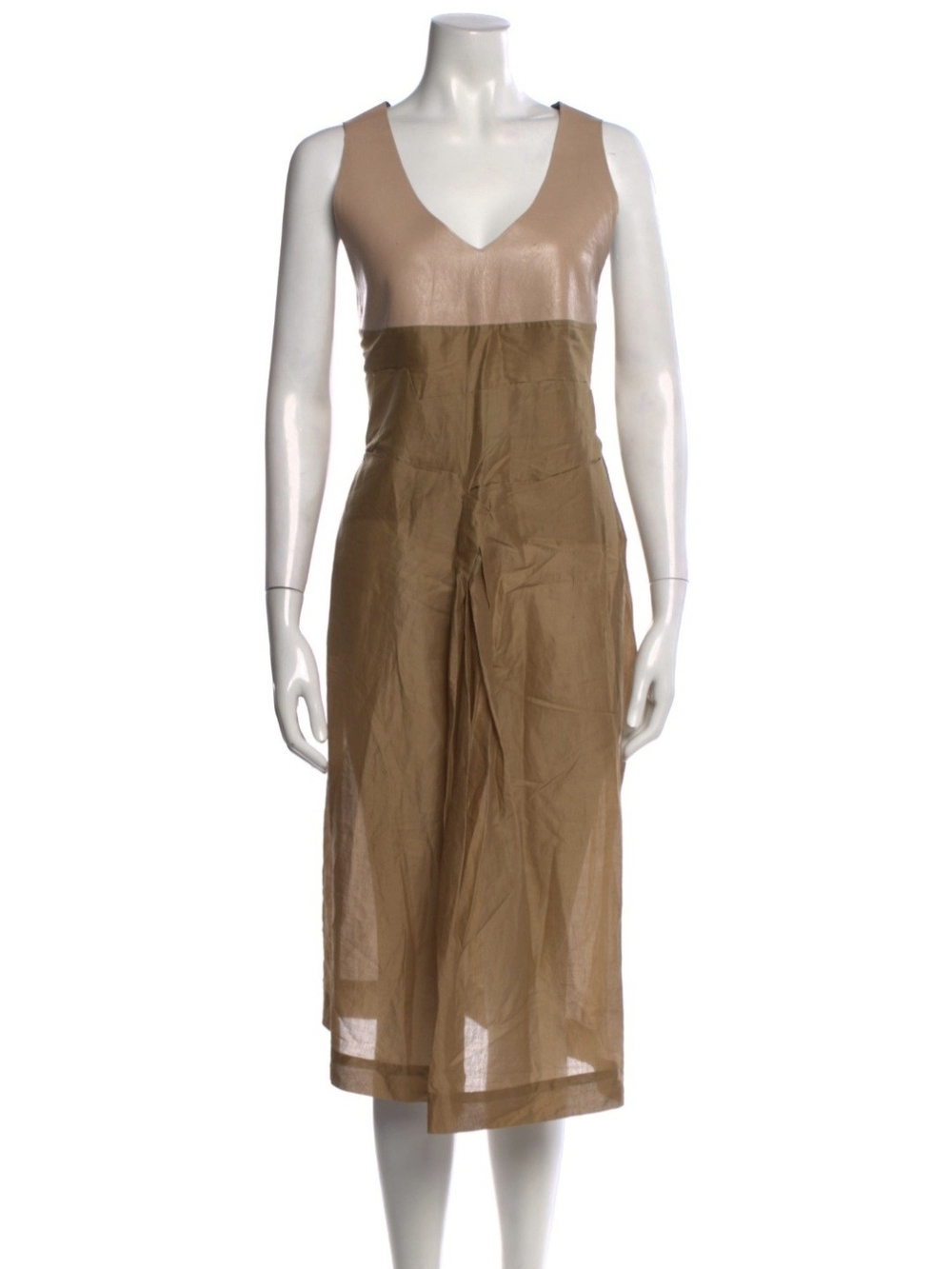 Marni Leather V Neck Sleeveless Colorblock Nude Tan Gold Silk Midi Dress Large